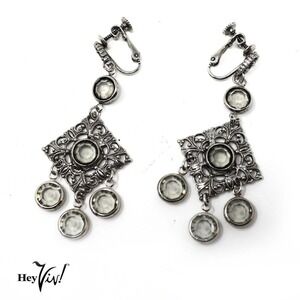 Vintage 1980s Silver Fancy Dangle Clip On Earrings New/Old Store Stock -Hey Viv